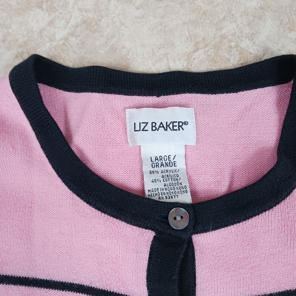 LIZ BAKER Sweater Pink w/ Black Stripes Size Large - Picture 2 of 4